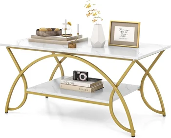 Image 2-Tier Rectangular Coffee Table, Faux Marble Table with Open Storage Shelf, Gold Finished Metal Frame,  Table for Living Room