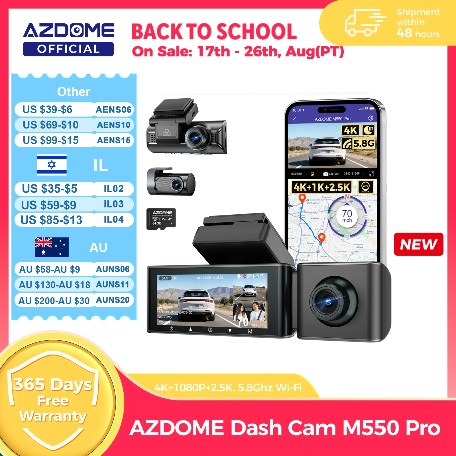 AZDOME M550 Pro Dash Cam Car DVR 5.8Ghz WiFi 3.19" IPS 2 or 3 Channel Dash Camera GPS Night Vision Dual 4K+1080P Parking Monitor