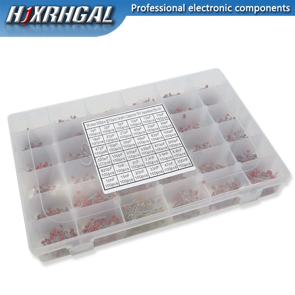 3600PCS/lot 1PF-100nF Ceramic Capacitor Assortment Kit 10PF 22PF 33PF 47PF 100PF 330PF 470PF 1NF 10NF 47NF 50V Capacitors set