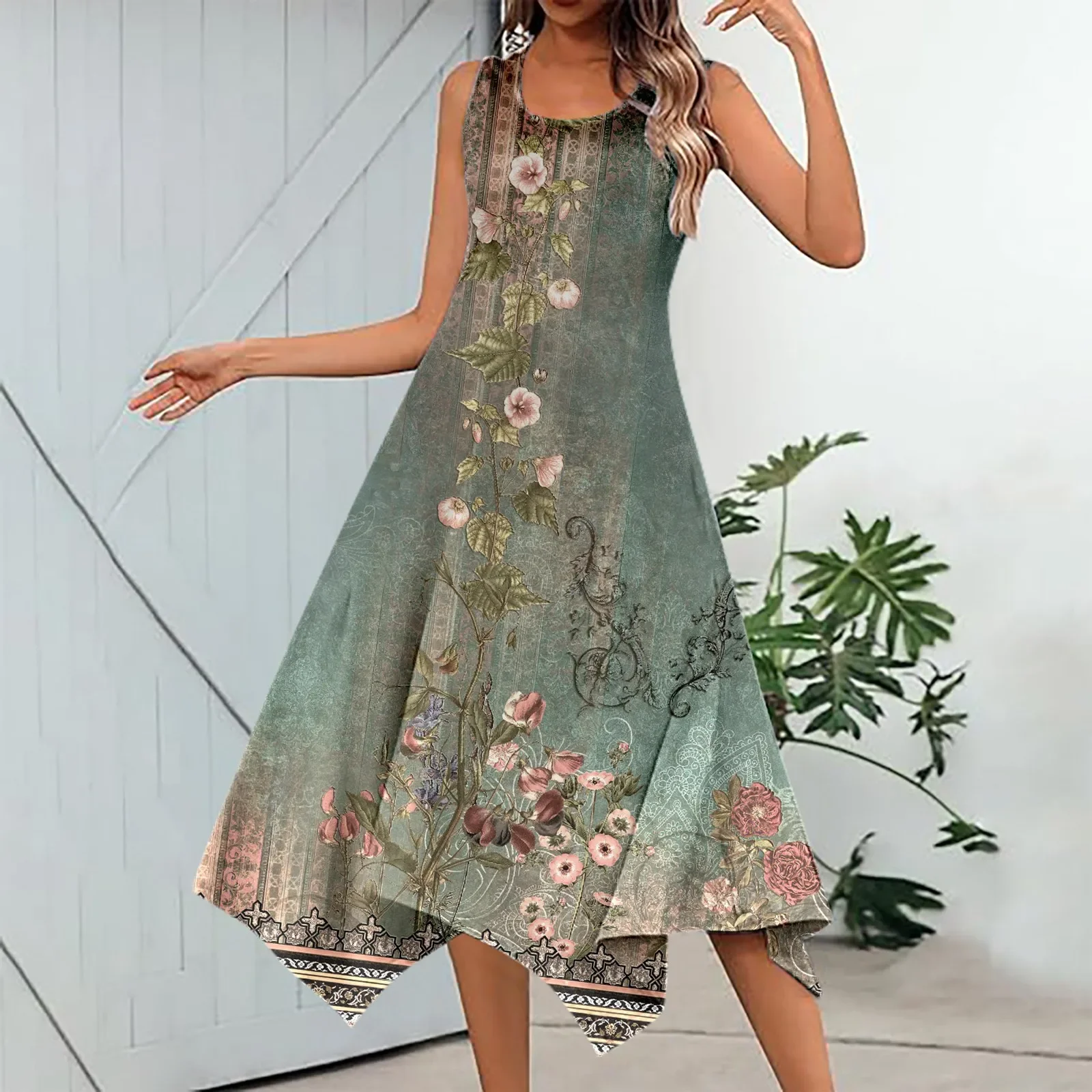 

New Summer Dress Women Sleeveless Hankerchief Hem Dress Retro Flower Print Midi Tank Dress Casual Vacation Dress With Pockets