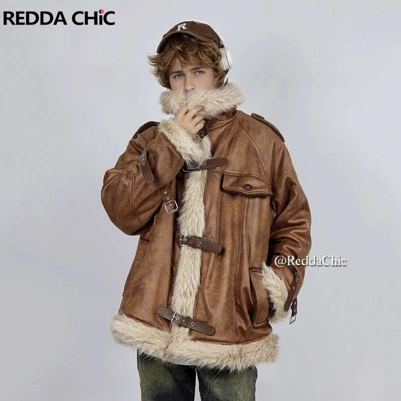 REDDACHiC Vintage Brown Fleece Lined Suede Leather Jacket Men Biker Motorcycle Buckle Belt Fuzzy Faux Fur Coat Winter Outerwear