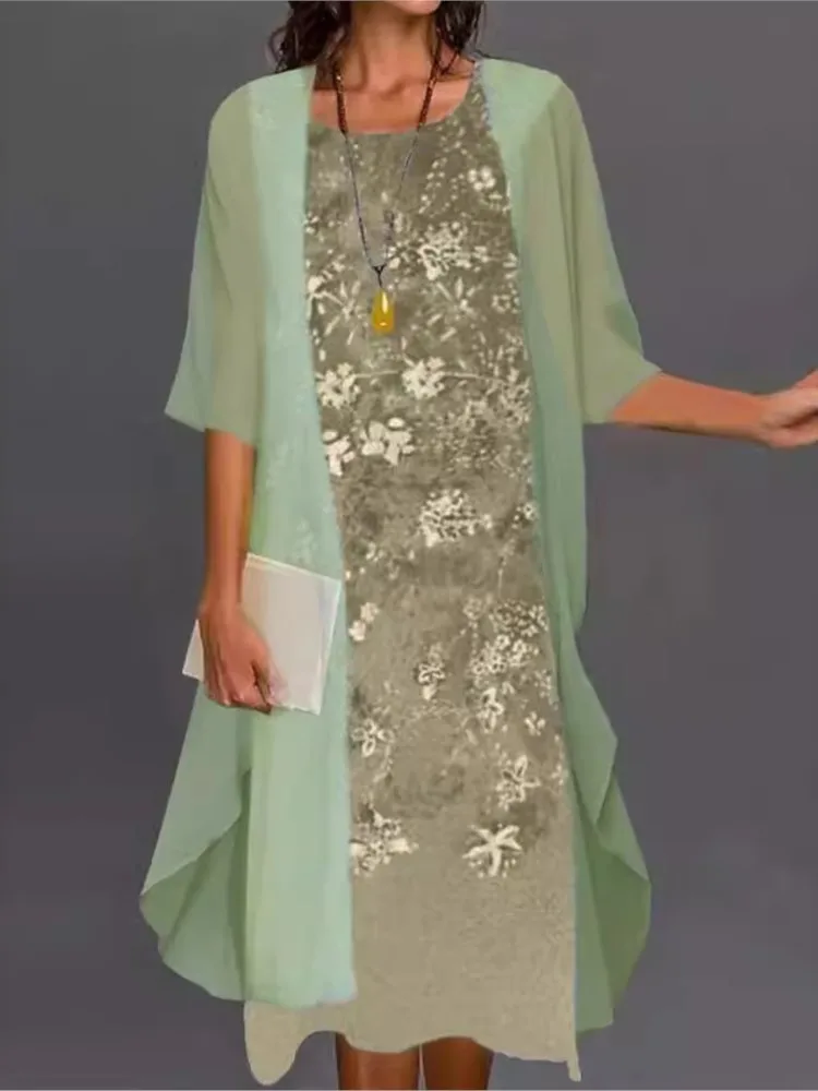 

Fashionable Elegant Chiffon Dress Two-piece Set Spring Summer New Two-piece Set Sexy Sleeveless Round Neck Printed Loose Dress