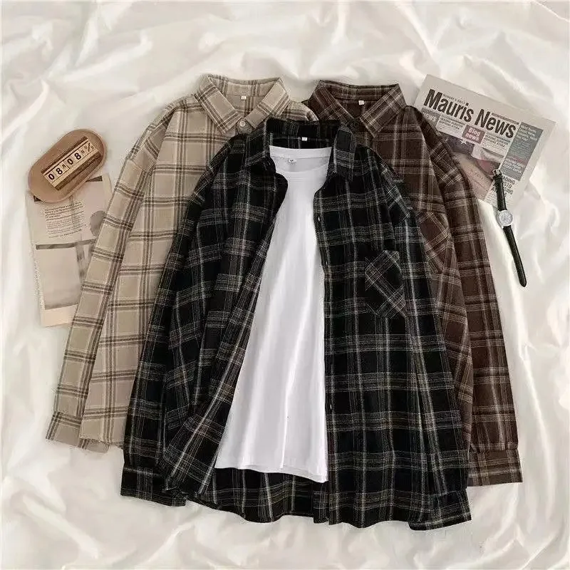 Camisa xadrez feminina de manga comprida, estilo retrô, tamanho solto, versão coreana, jaqueta de estudante para primavera.