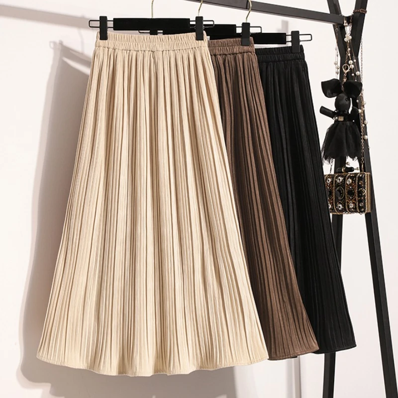 

2025 Korean Version New Autumn Winter Elastic Waist Pleated Skirt Women's A-line Mid Length High Waisted Solid Plus Size Skirt