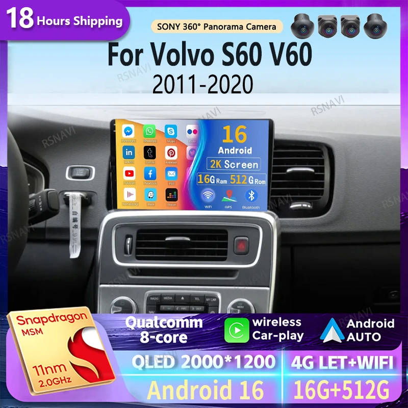 Android 16 Carplay Auto 2K Screen Car Radio Multimedia Player For Volvo S60 V60 2011 - 2020 2din Autoradio Stereo Head Unit