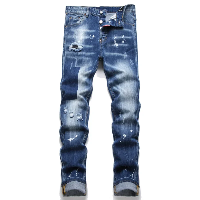 Men Italian High Street Style Stretch Denim Long Jeans Pants Blue Ripped Denim Jeans High Quality Male Slim Denim Trousers 38