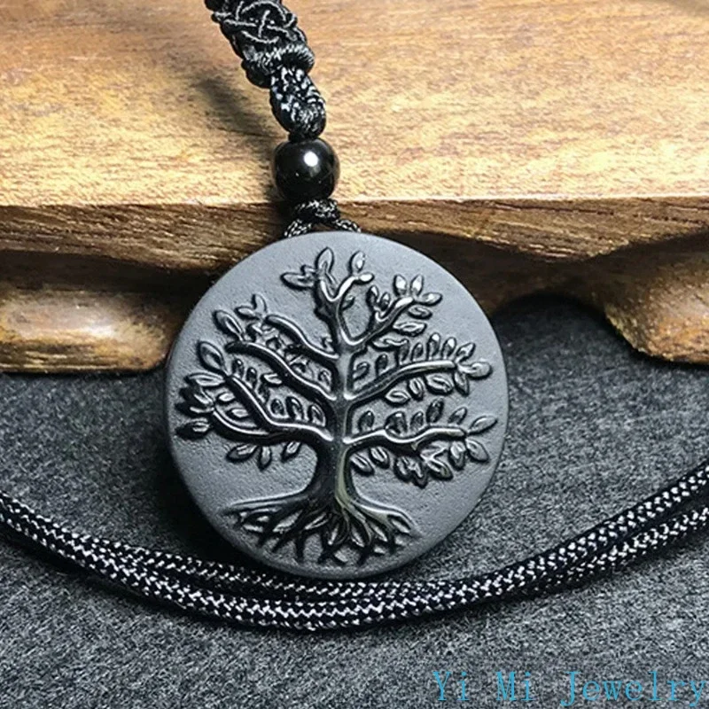 

Natural Genuine Obsidian Life Tree Necklace Pendant Healing Crystal Guardian Jade Pendant Male and Female Jade Necklace Jewelry