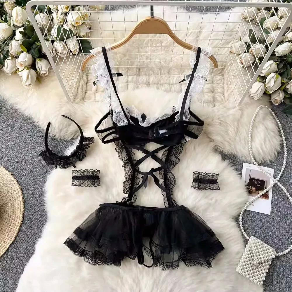 Ruffle Strap Bodysuit Sweet Bow Cross Lace Up Hollow Out Backless Playsuit Double-Layer Sheer Gauze Splice Sexy Lingerie Pajamas