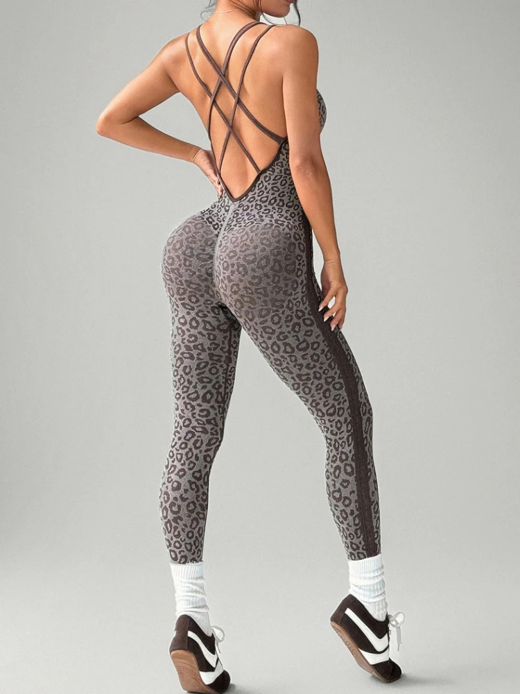 女性用ノースリーブレオパード柄スポーツジャンプスーツ、ファッショナブルでカジュアルなバックレススキニーヨガフィットネスジムオーバーオール、ワンピースタイトボディスーツ