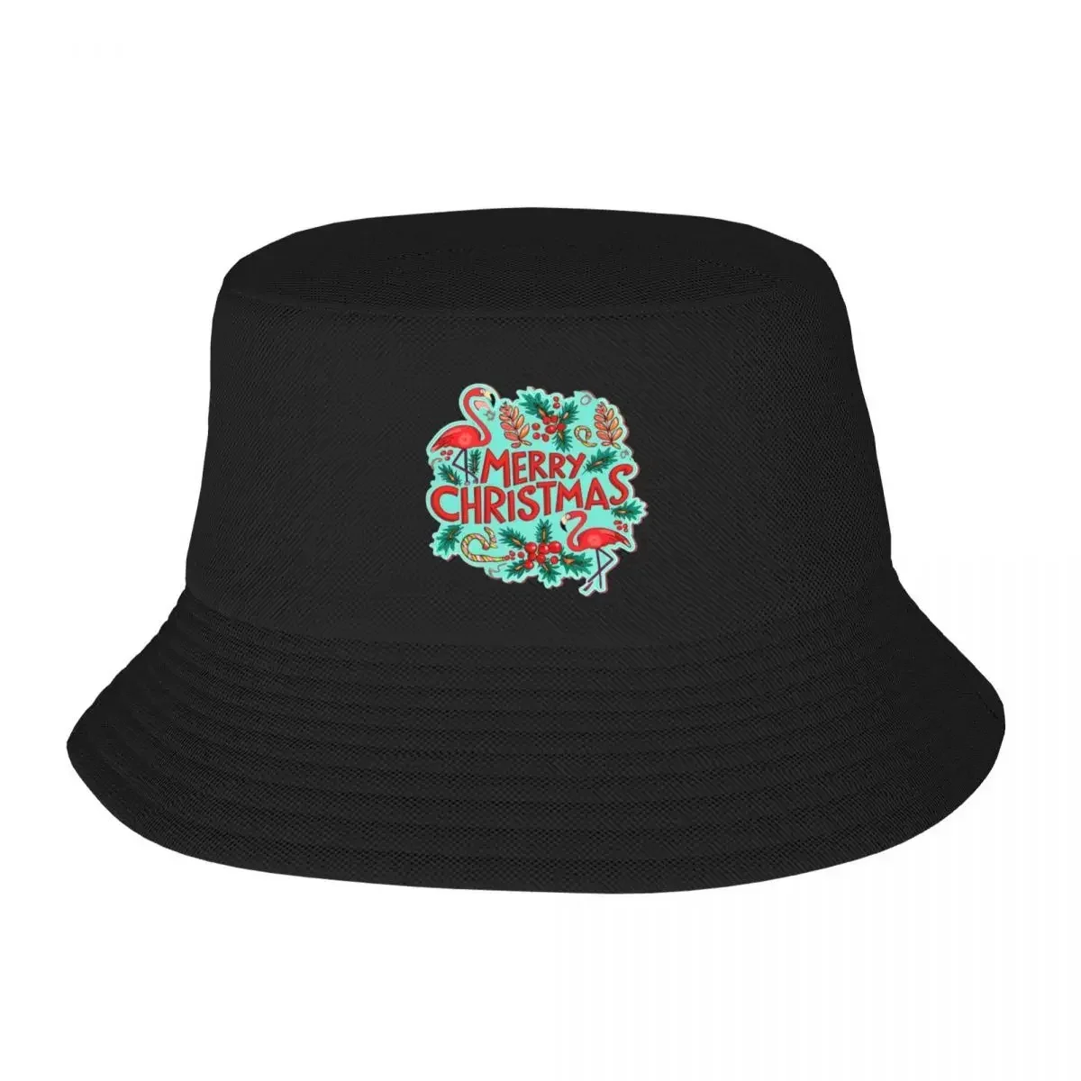 New Cute pink flamingo wearing a christmas' hat and surrounded by christmas things Bucket Hat Kids Hat Hats Men Hats Women's