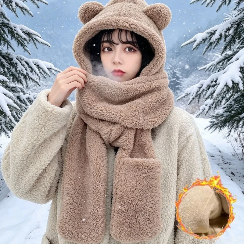 1-5PCS Bear Ear Hat Scarf Gloves 3 in 1 Set Solid Color Plush Warm Neck Warmer Gloves for Women Kids Winter Outdoor Gift