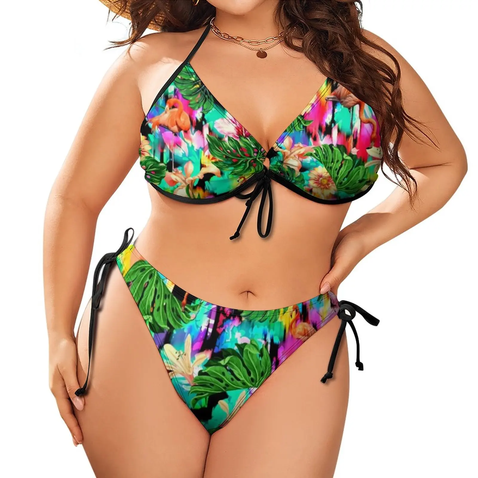 

Flamingo Print Bikini Swimsuit Tropical Leaves Swimwear Sexy Push Up Design Bikinis Set Bath With Ties Oversized Bathing Suit