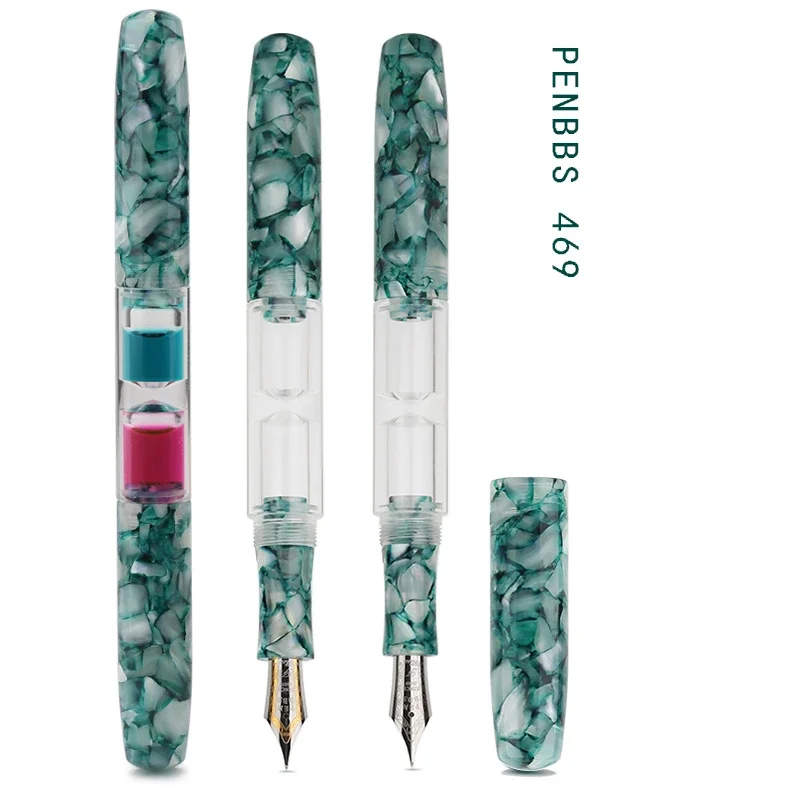 PENBBS 469 Resin Fountain Pen Transparent Double-Nib Ink Storage Iridium Fine Nib 0.5mm with Box for Business Writing Office