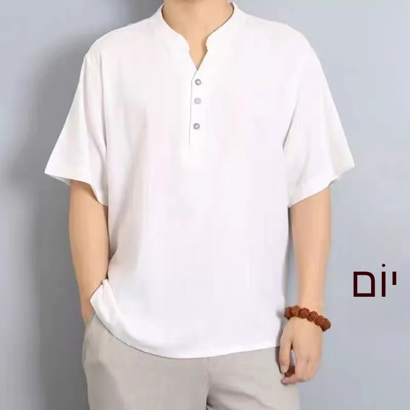New Men's Cotton Linen T-Shirt Loose Fit V-Neck Pure Color plus Size Comfortable Breathable Summer Short Sleeve Shirt