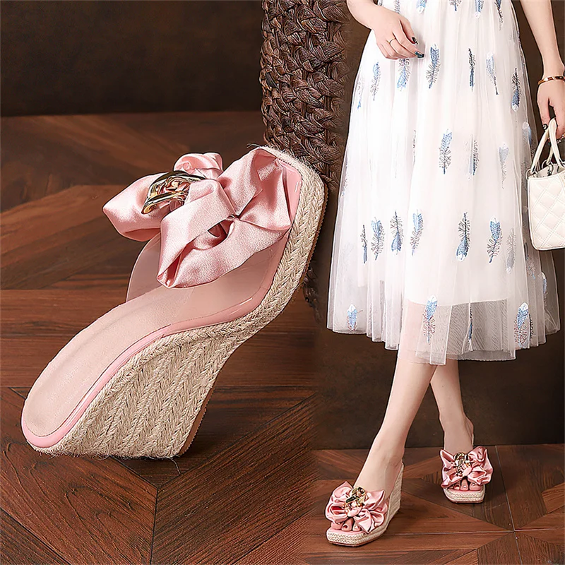 10cm Platform Wedge Slippers Women Shoes Flowers Peep Toe Sandals Girls Flip Flop Slides Femme Espadrilles Big Size 43 44 45 46