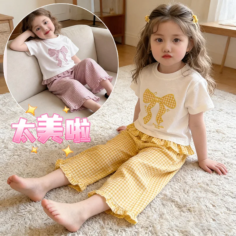 Children's sweet short-sleeved suit summer dress girl children's lotus leaf edge two-piece set of trousers summer dress girl