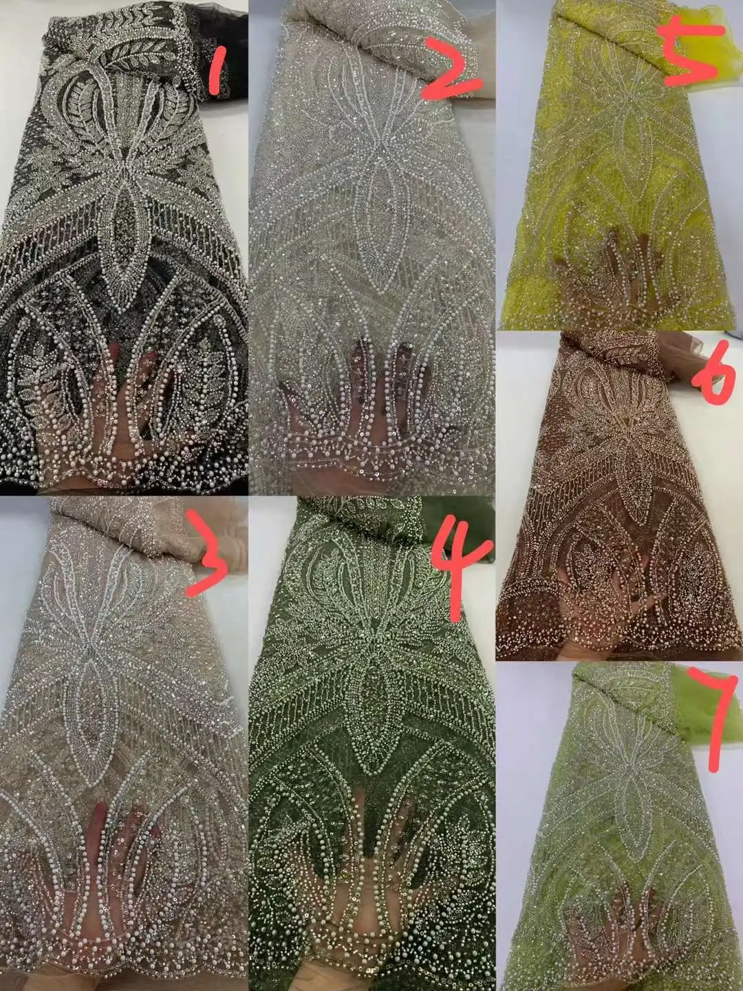 Tela de encaje de cuentas hechas a mano de lujo, tela bordada de lentejuelas de novio, malla de tul francés de moda para vestido de novia, 5 yardas