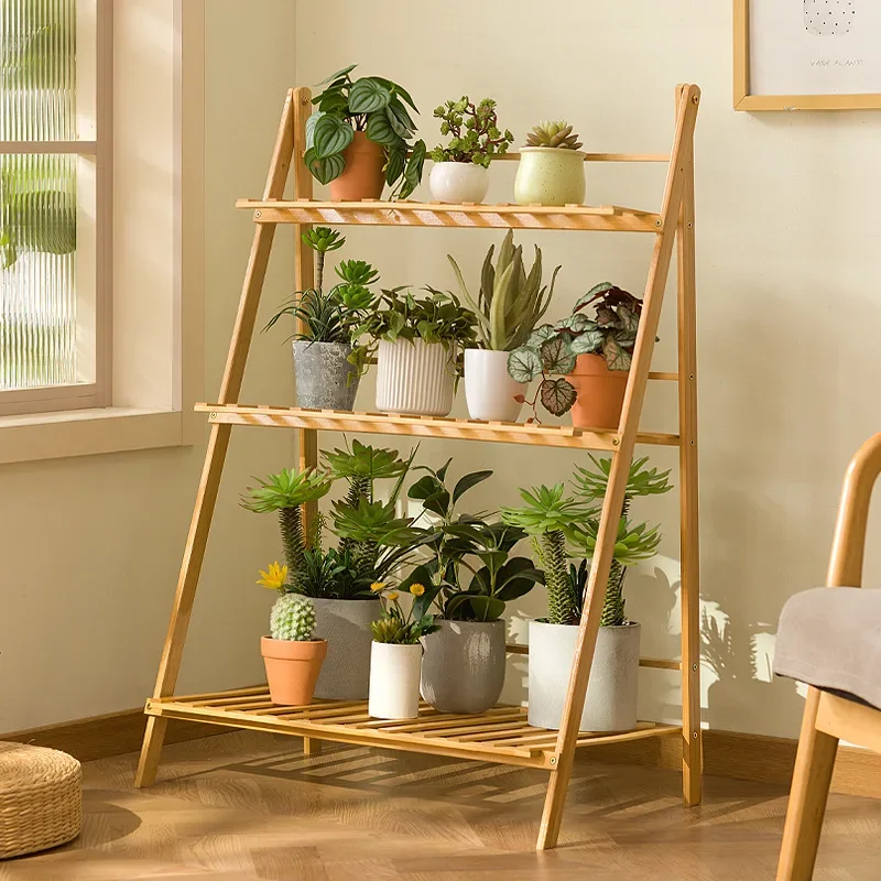 Balcony flower stand indoor solid wood decorative flower pot stand floor-to-ceiling trapezoidal shelf hanging basket succulent