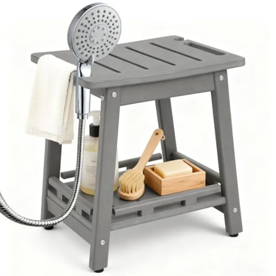 

Сиденье-скамья для душа из HDPE для бритья ног, водонепроницаемый табурет для душа с полкой для хранения, для ванной комнаты, серый