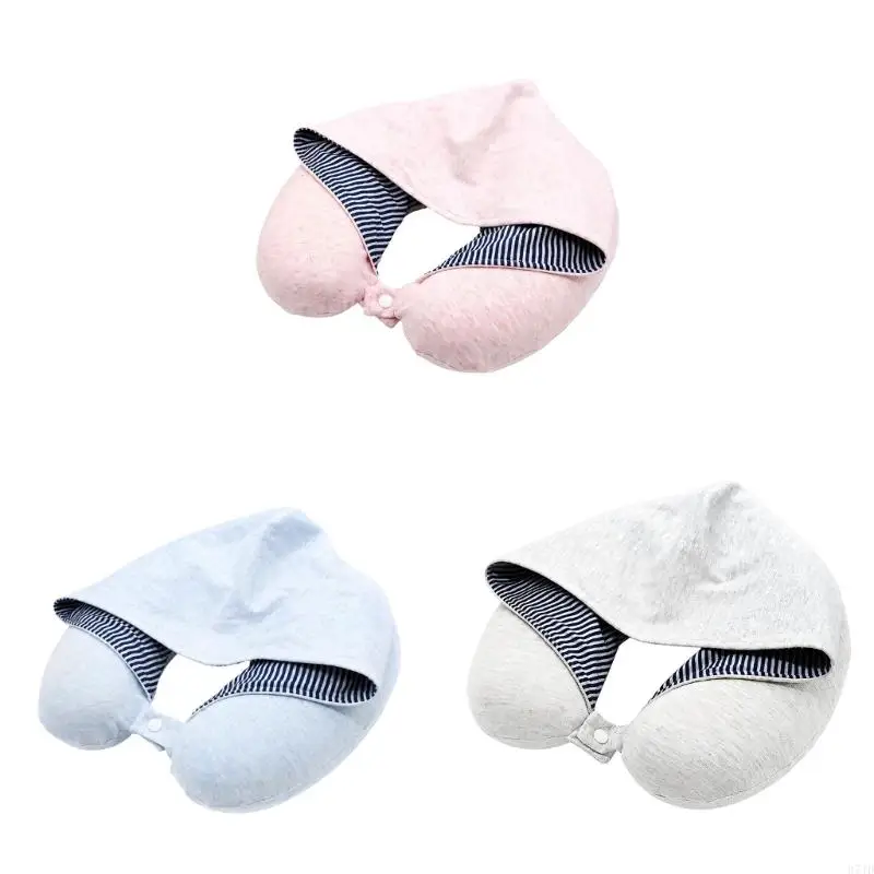 Hooded U-Shape Travel Pillow with Memory Foam Fill, Light-Shielding Hood, Front Closure, Furry Design Neck Cushions 37JD