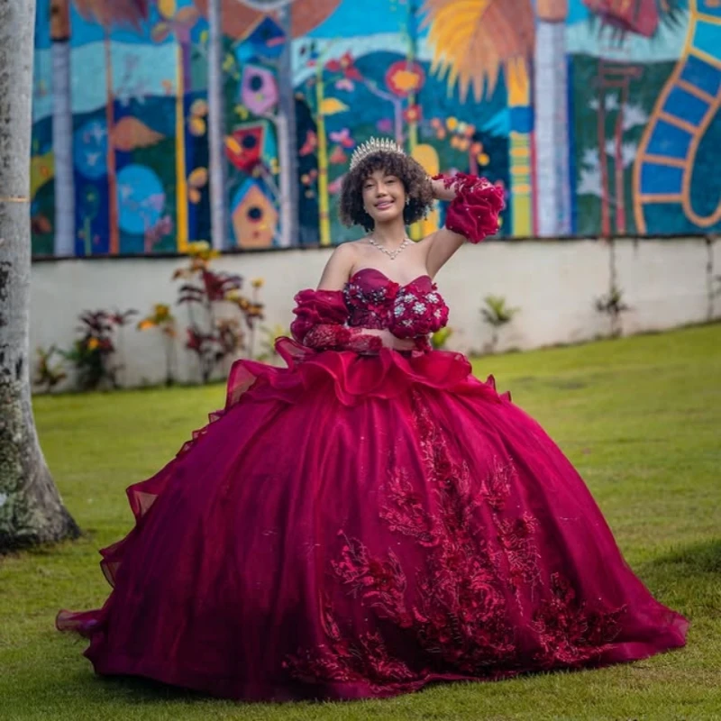 

Customized Shiny wine red Quinceanera Dresses Off the Shoulder sequin applique flower Long tail Bow Vestido 15 Quinceanera