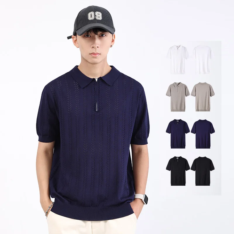 

Summer Ice Silk Short Sleeve Business Casual Fashion Stripe Vintage Knitted Polo Shirt Man Cool Breathable T-shirt Tops