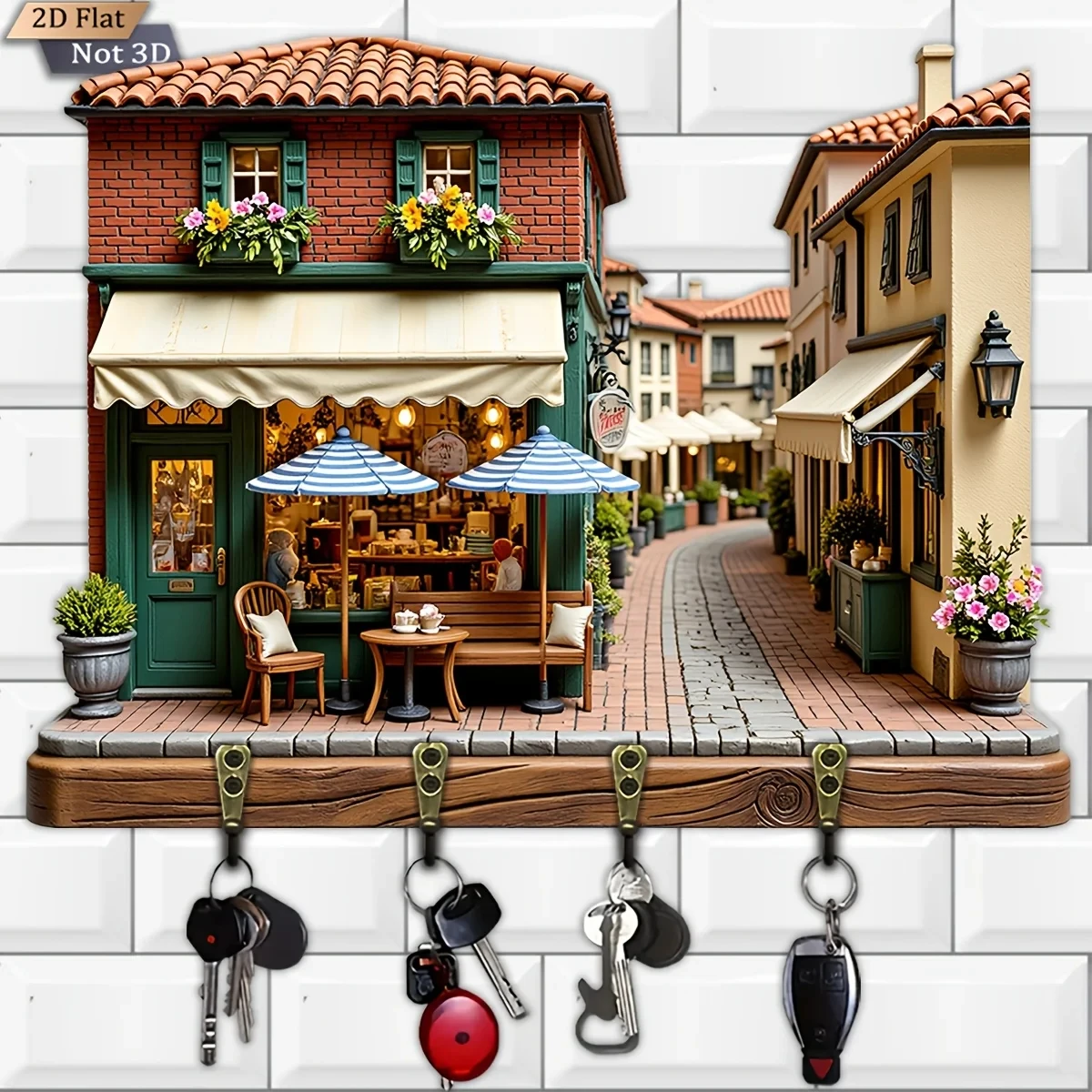 2D Flat, 1pc, European Small Town Street Scene Style Key Hook, Wooden Multifunctional Home Key Rack, with Four Metal Hooks,