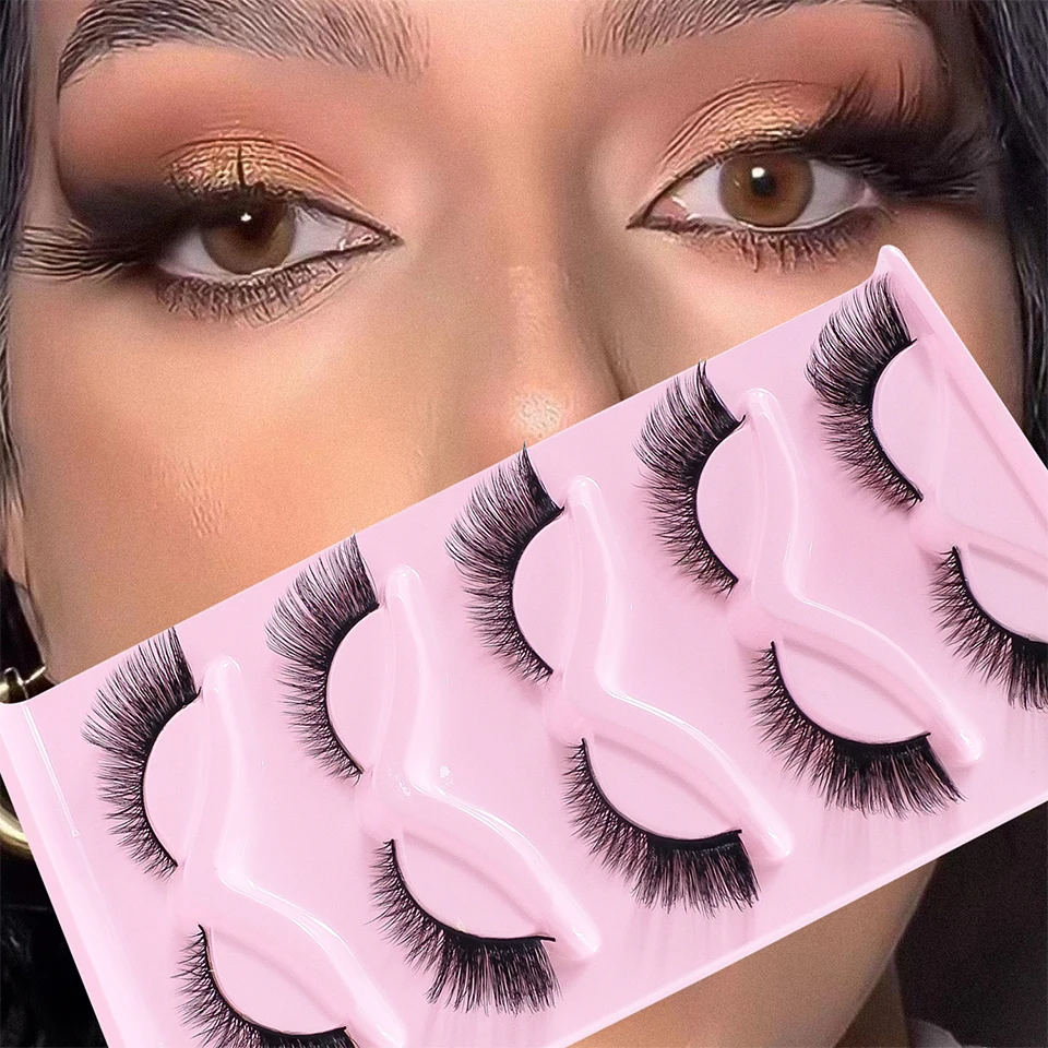 رموش عين القطة ذات مظهر طبيعي رموش صناعية ثعلب رموش صناعية خفيفة الوزن لمكياج عين الدمية 5 زوج/حزمة