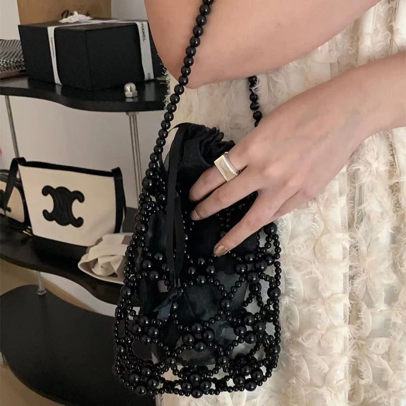 Fashion Hollow Pearls Beaded Women Shoulder Bags Handmade Woven Lady Handbags Sweet Summer Bucket Bag Small Female Purses 2023