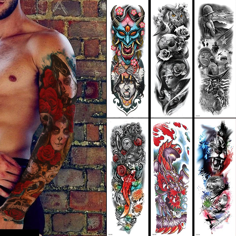 Large Arm Sleeve Tattoo Waterproof Temporary Tattoo Full Arm Body Art Stickers Women Adult Man Semi Permanent Tattoo Lion Rose