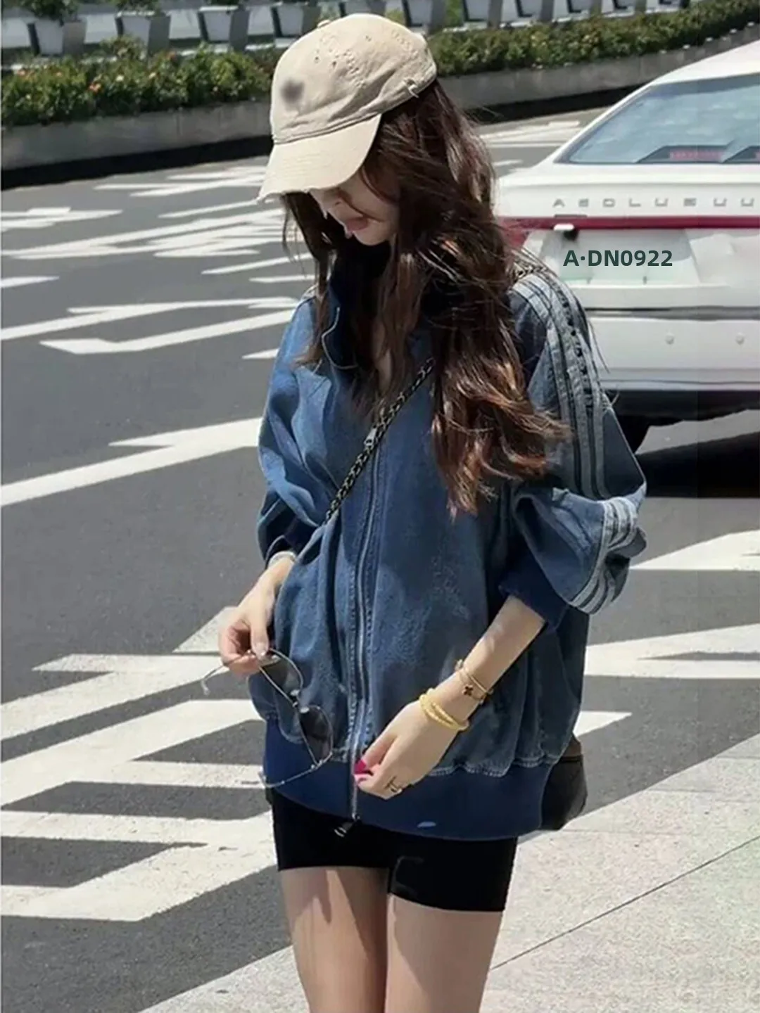 

Синий джинсовый жакет в полоску для женщин, свободный крой, ранняя осень, в американском ретро-стиле, с эффектом потертости