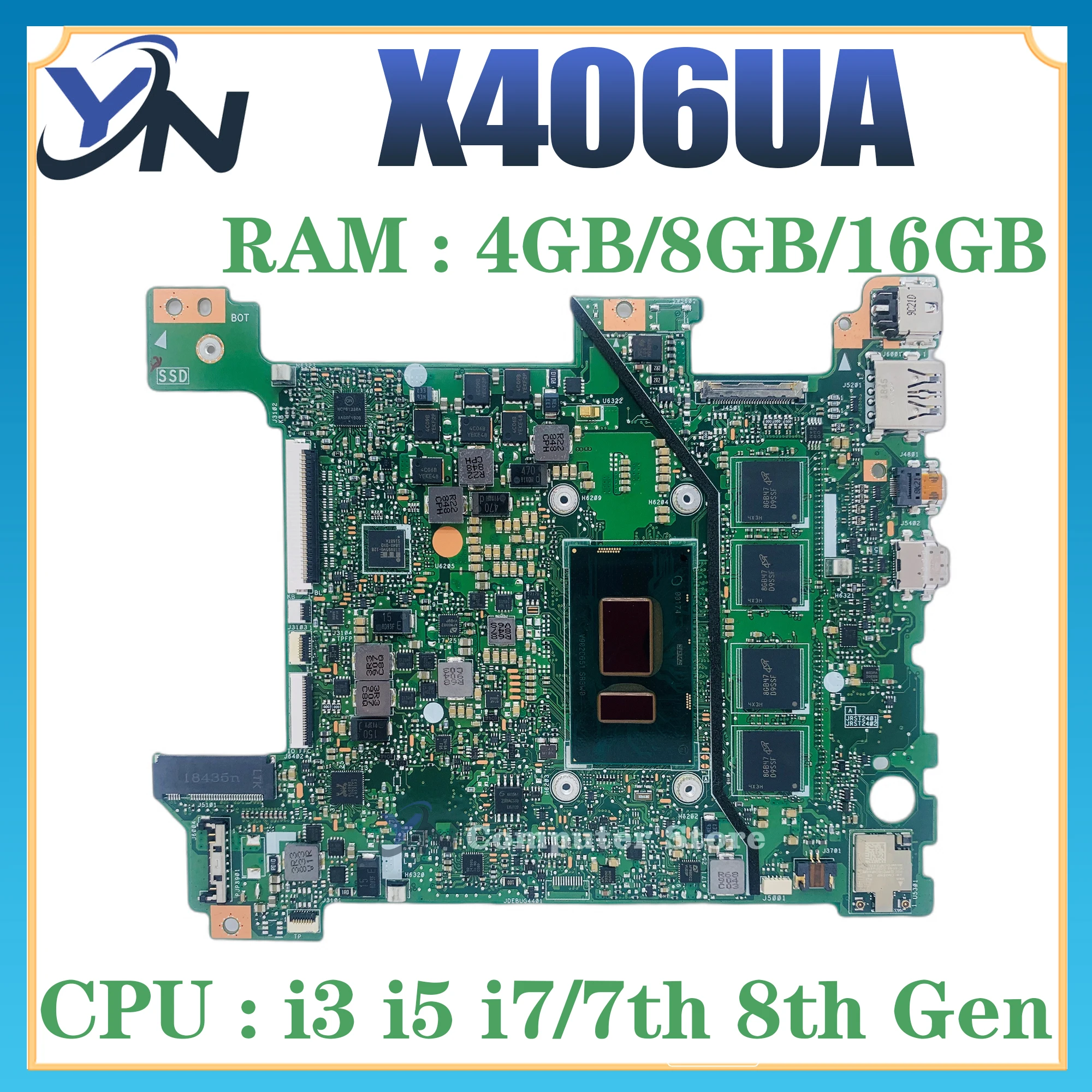 Placa-mãe do portátil para ASUS, X406U, X406UA, S406UA, K406UA, V406UA, X406UAR, Y406UA, X406UAS, I3, I5, I7, 8o, 7o, 4GB, 8GB RAM