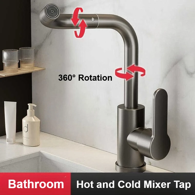 

360 ° Поворотные смесители для раковины Смеситель для ванной комнаты из медного сплава Настольный смеситель для раковины с одной ручкой Смеситель для горячей и холодной воды