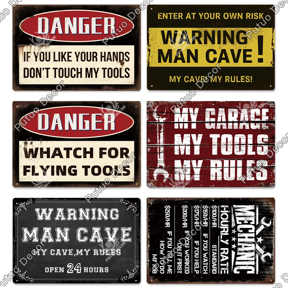 Putuo Decor Man Cave Metal Sign Vintage Tin Sign Funny Warning My Rules Caution for Bar Pub Club Man Cave Game Room Wall Decor