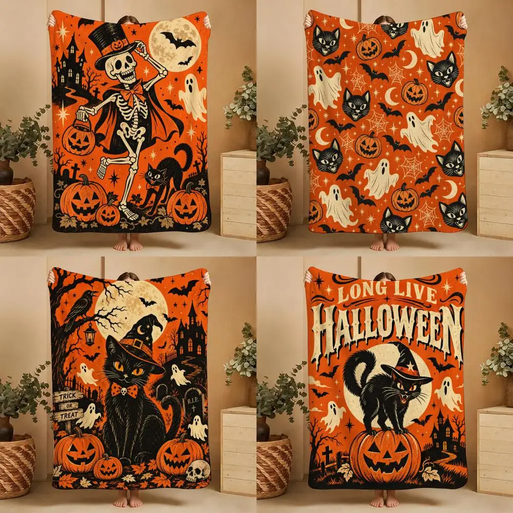 black cat pumpkin halloween Throw pet dog cat Ultra-Comfortable Flannel Plush Throw Blanket—Suitable for Bed Bedroom Living Room