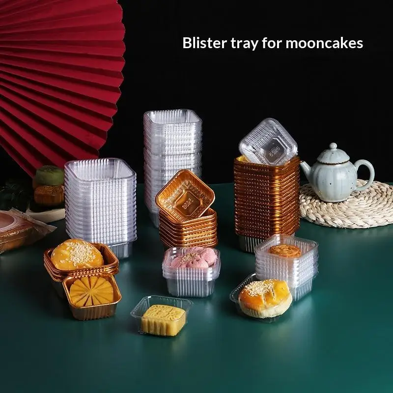 100pcs Disposable Food Safe Mooncake Blister Trays Golden Clear Color Options Sturdy Design For Mid Autumn Pastry Packaging