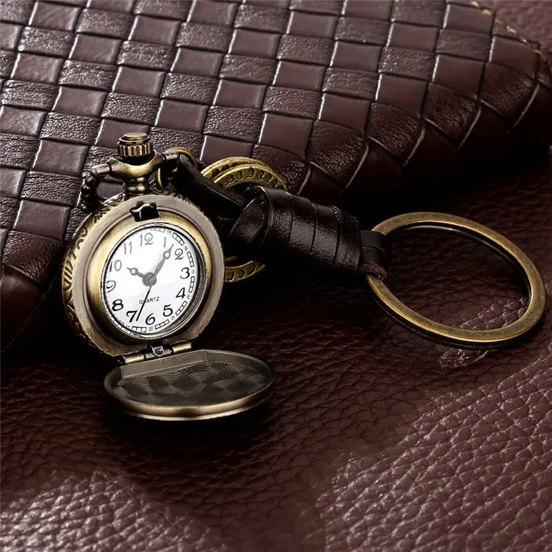 Bronze Pocket Watch Hollow-Out Flower Case Mini Size Pendant Key Ring Quartz Watches for Men Women Arabic Number Display Reloj