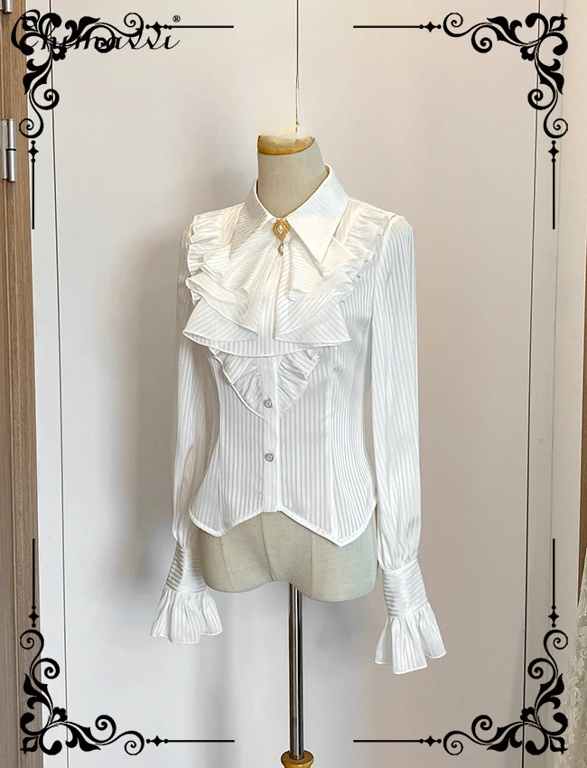 Lolita Retro Pointed Neck Striped Bow Tie Waist Shirt New Spring and Autumn Fashion Ruffle Edge Long Sleeve Elegant Blouse Tops