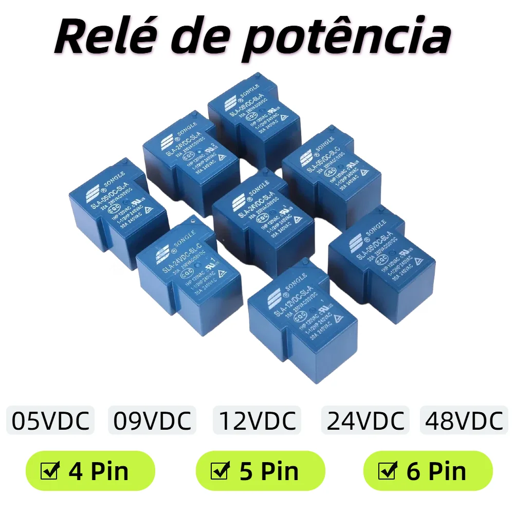 5 PCS Relé de Potência Série SLA-05V 09V 12V 24V 48VDC-SL-A -C 4 Pinos 5 Pinos 6 Pinos 30A T90 para Mercado de Componentes Eletrônicos