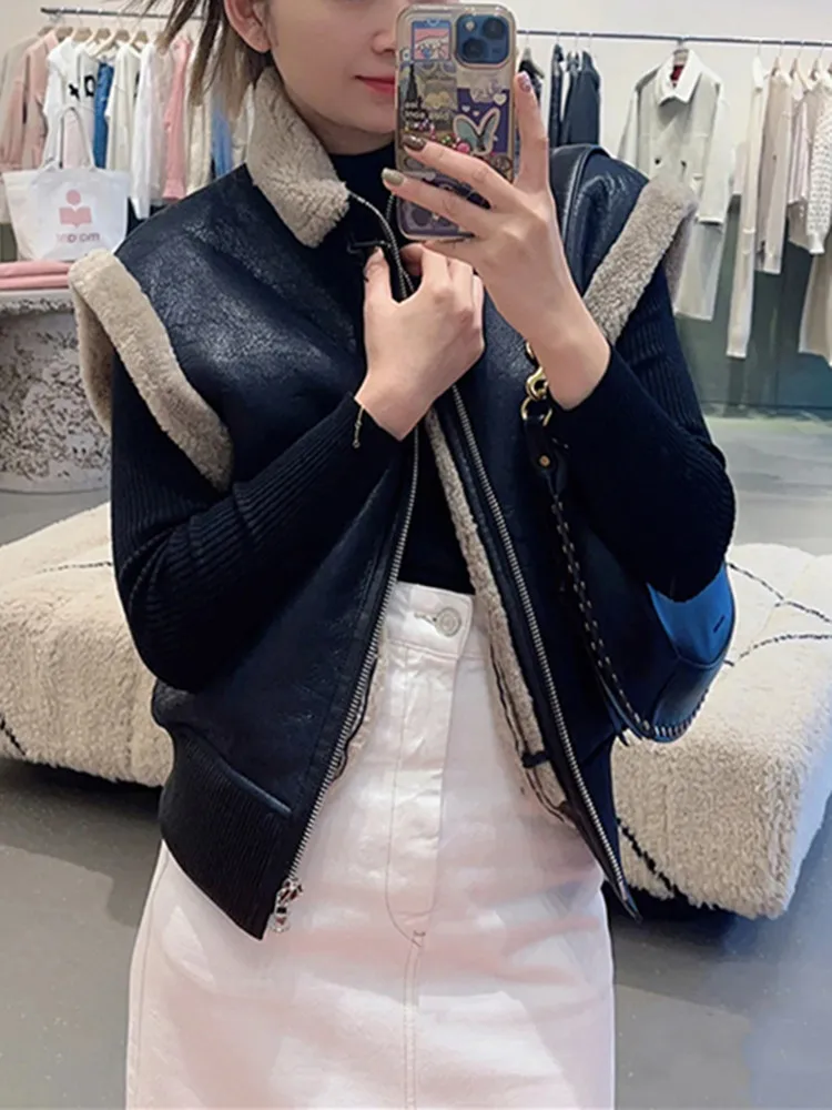 Sleeveless Women Zipper Vest Plush Edge Waist Cinching 2025 Faux Leather Short Jacket Black