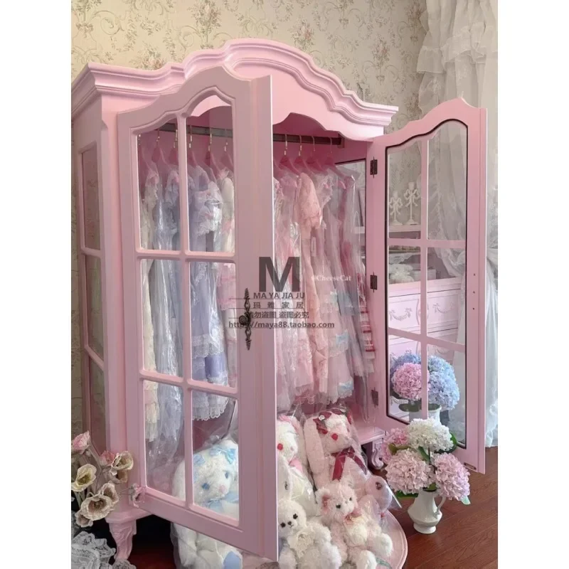 Solid wood carving flower wardrobe princess wardrobe bedroom double door pink storage display cabinet