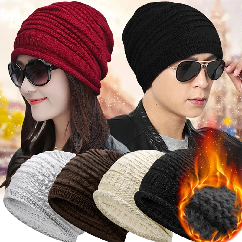 Baggy Slouchy Caps Women Ladies Winter Warmer Knitted Beanies Hat Skullies Fordable Woolen Plush Cap Ear Warmer Bonnet Berets