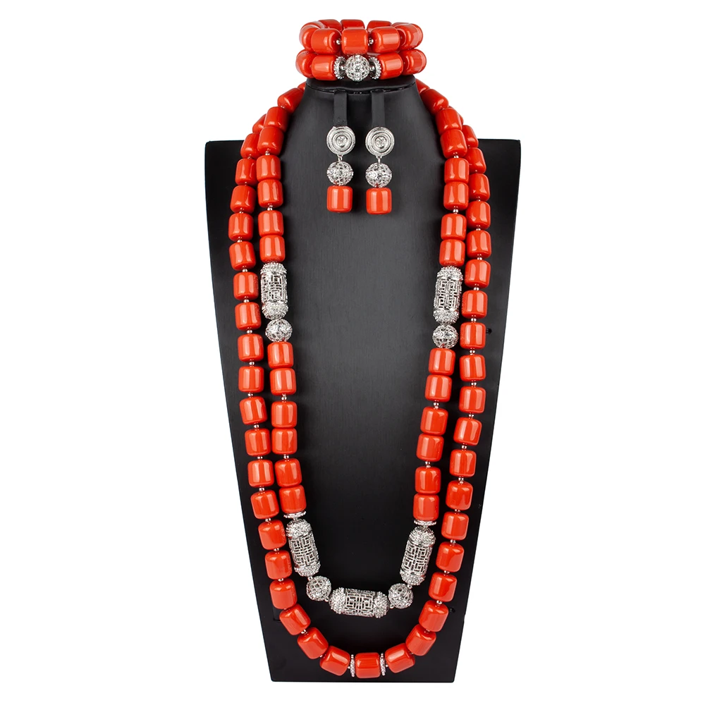 

Copper Gold Alloy Indian Bridal Statement Jewelry Set Artificial Coral Beaded Jewelry Set 33 Inch Length Women's Gift ABS195