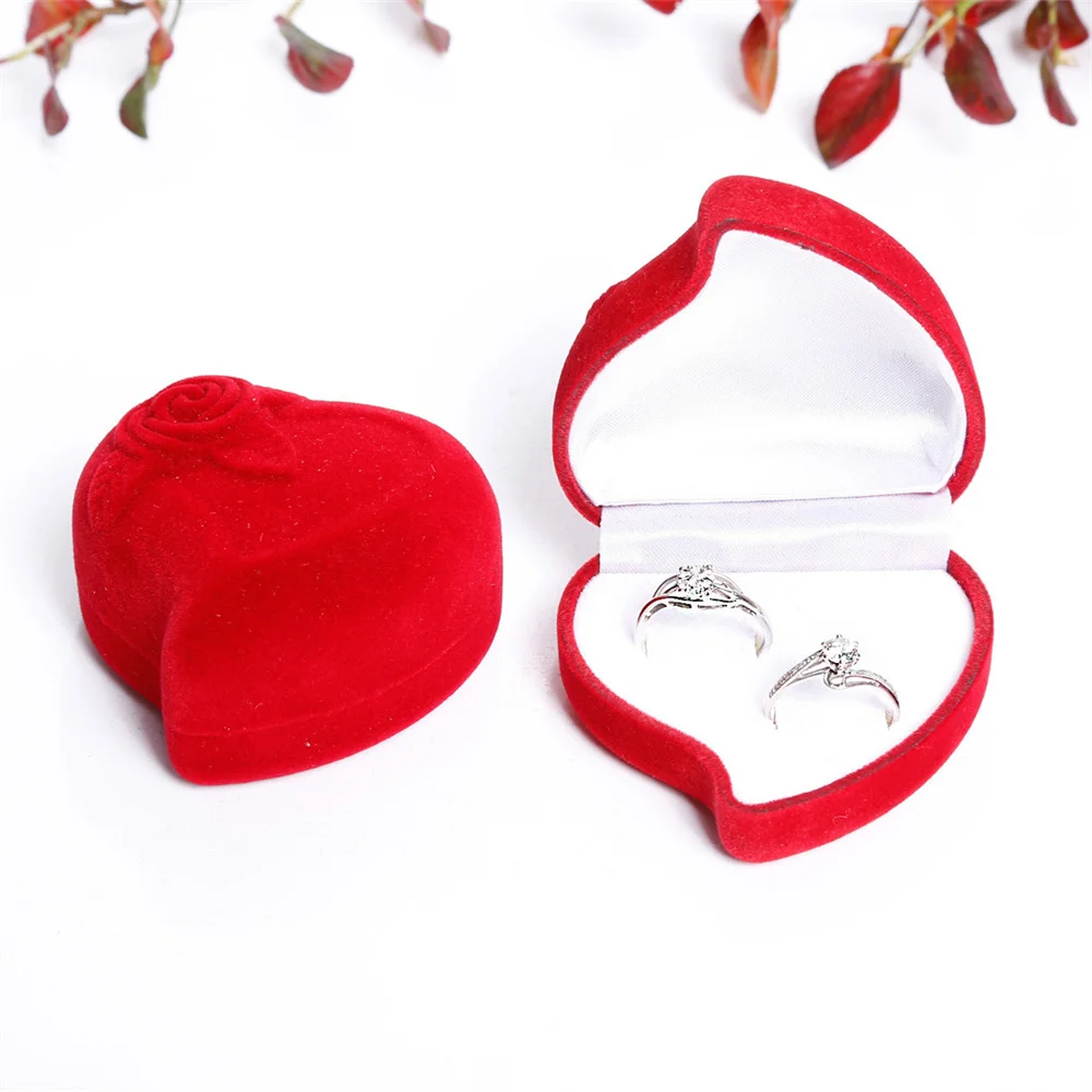 

Velvet Ring Box Red Rose Flower Heart Display Design Holder For Lovers Engagement Bridal Wedding Jewelry Organizer Couple Gifts