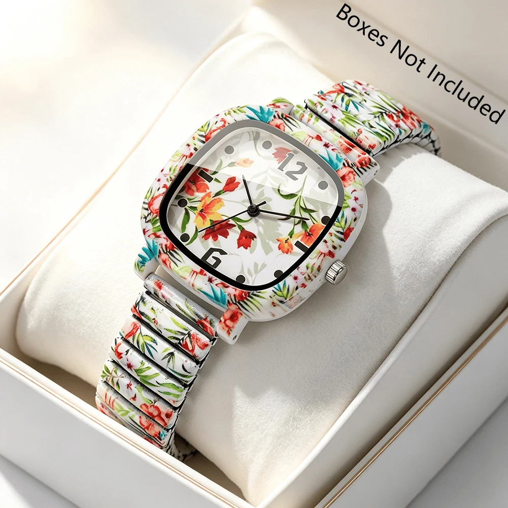 Fashion Floral Print Square Women Watches Elastic Stretch Strap Ladies Quartz Wristwatch Relogio Feminino（Without Box）