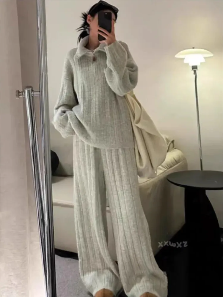 

Autumn Women Knitted Pants Set Solid Zipper Turn down Collar Sweater Top Wide-Leg Pants Casual and Loose Two Piece Outfit New
