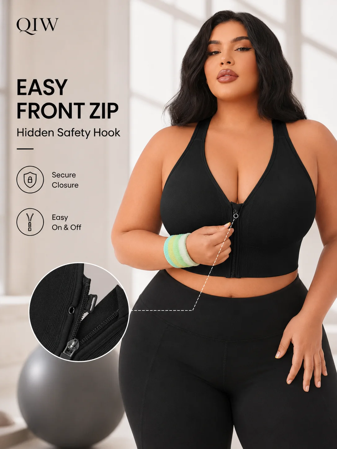 Women's Bra Plus Size Zip Front Yoga Sports Bra, X-Back Wirefree Removable Pads 1XL-4XL