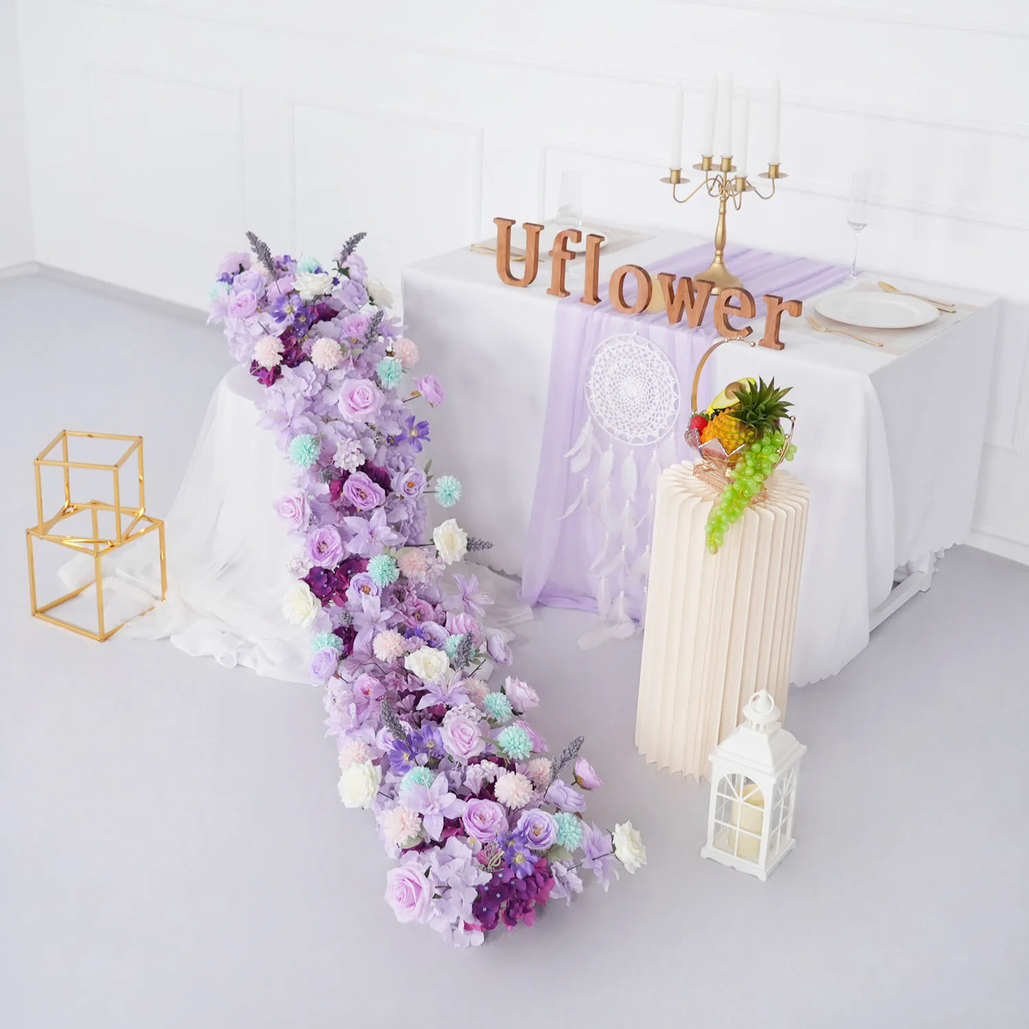 

Uflower 200cm Luxury Purple Rose Hydrangea Artificial Flower Row Table Centerpiece Wedding Flower Backdrop Arch Decor Event Prop
