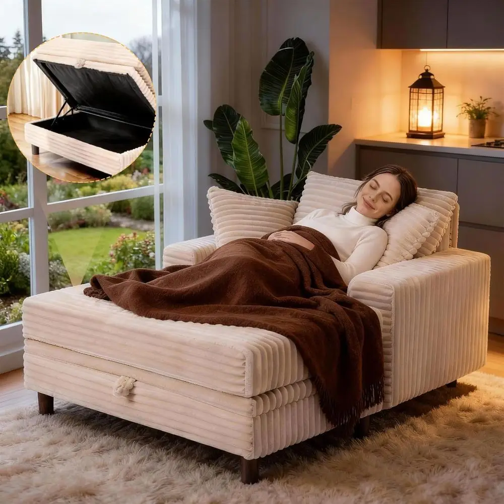 54 Oversized Indoor Chaise Lounge Chair, Comfortable Sofa Bed, Removable Ottoman & Pillows, Corduroy Upholstered Reading Chair,