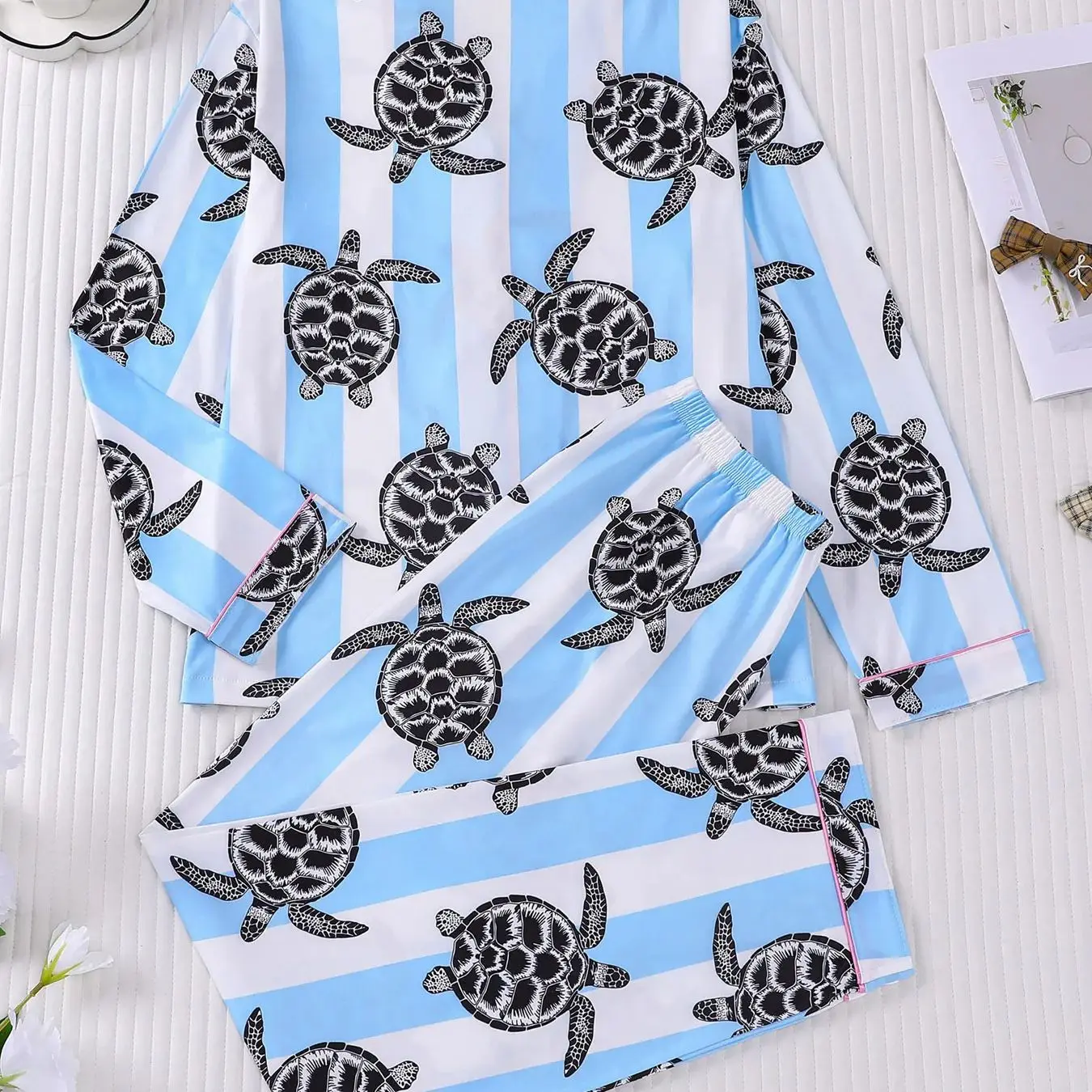 Casual Daily Women's Pajamas Set 2 Piece Sea Turtle Print Lapel Collar Long Sleeve Long Pants Soft Stretchy Home Outdoor Sleepwe